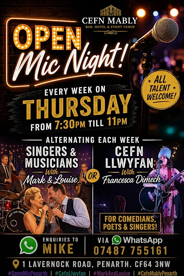 Open Mic Nights Every Thursday at Cefn Mably Penarth, Bar, Hotel & Events at Cefn Mably Penarth