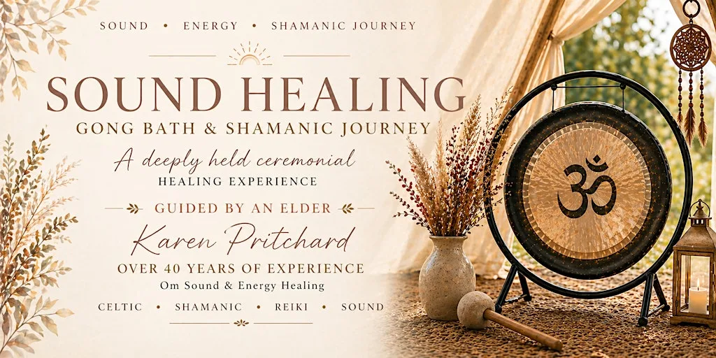 A deeply held sound healing gong bath guided by Elder Karen Pritchard at The lost Barn Tiston ,