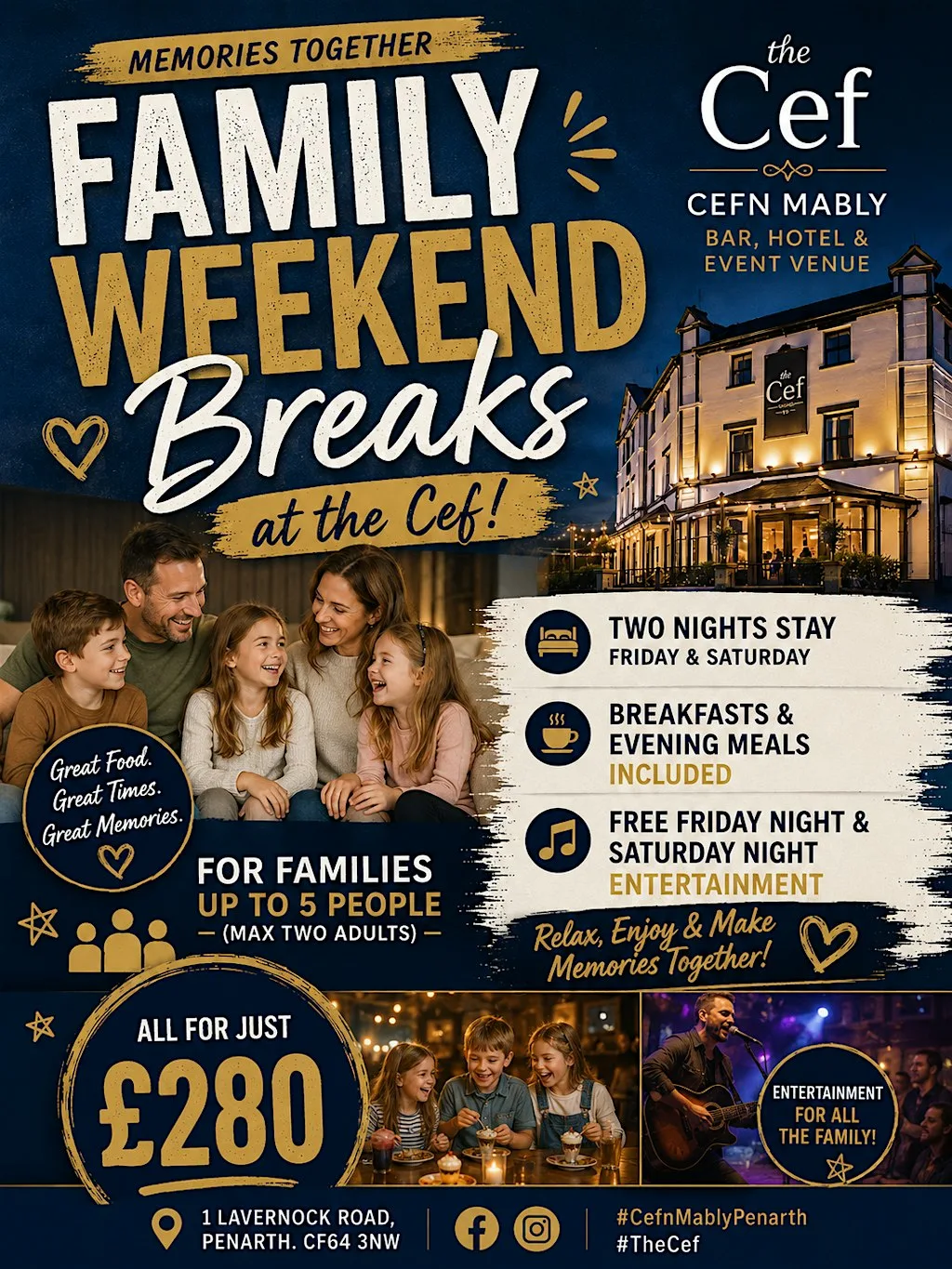 Family Live Music Weekend Breaks in South Wales at Cefn Mably Bar & Hotel at Cefn Mably Penarth