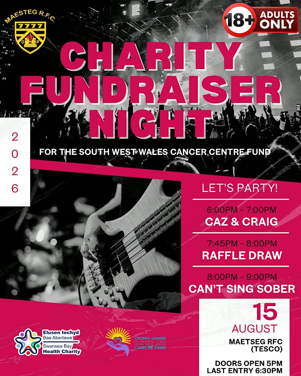 South West Wales Cancer Centre Charity Fundraiser Night at Maesteg Rugby Footbal Club