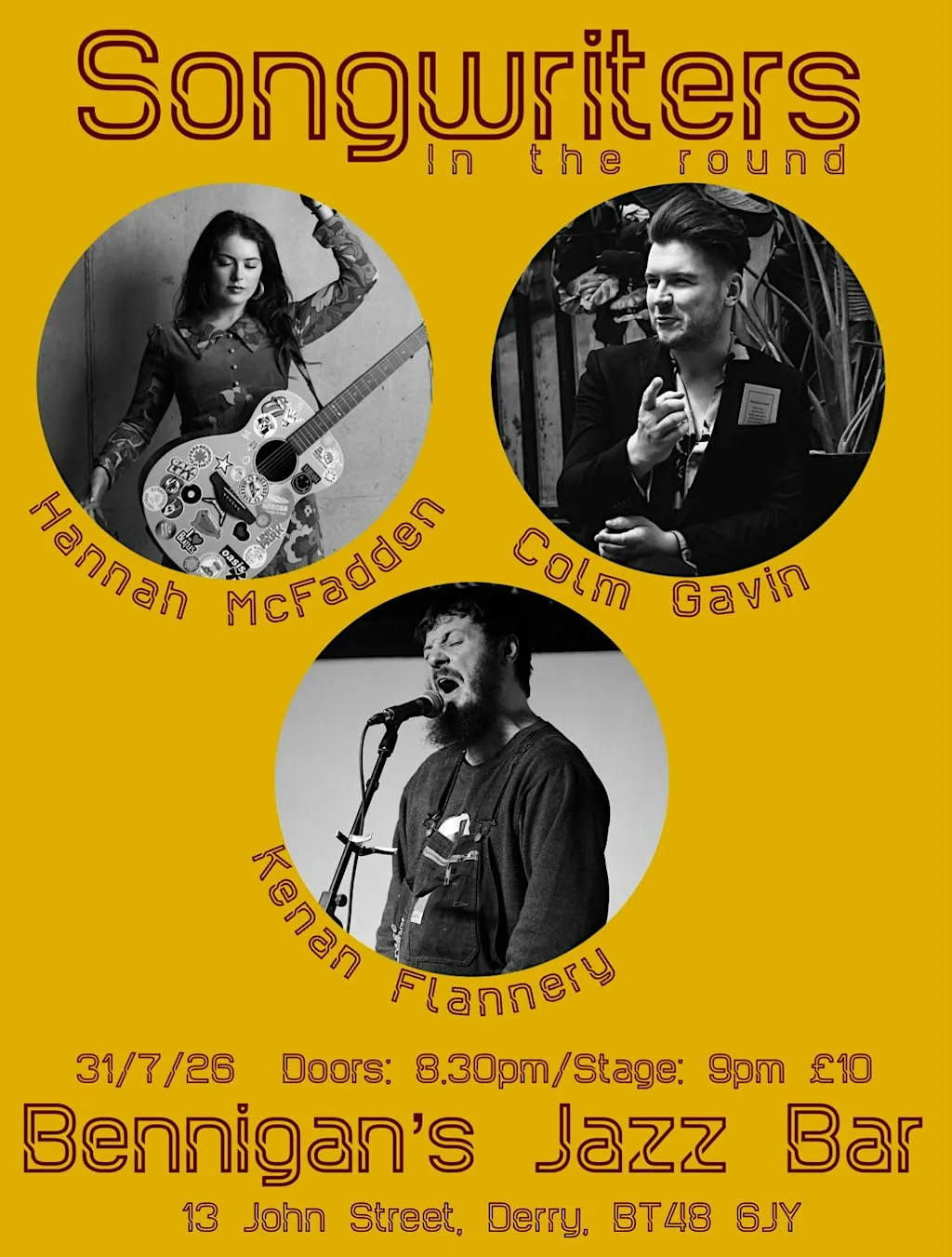 Songwriters in the Round: Colm Gavin | Hannah McFadden | Kenan Flannery at Bennigan’s Jazz bar