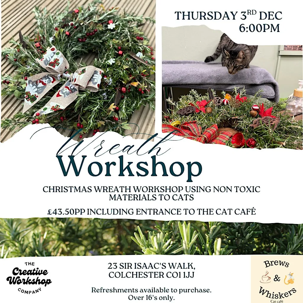 Cat Café Christmas Wreath Workshop at Brews & Whiskers Cat Cafe