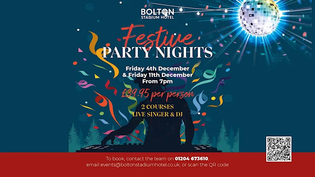 Festive 2 Course Meal, Live Singer & DJ at Bolton Stadium Hotel