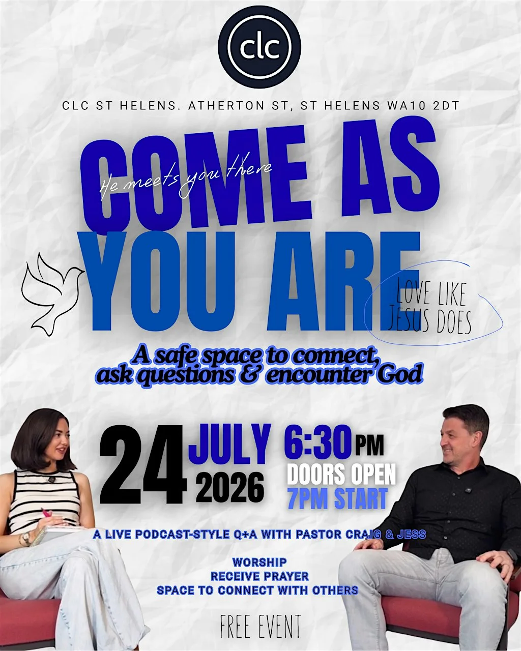 COME AS YOU ARE – An Evening of Connection, Questions & Worship at CLC St Helens