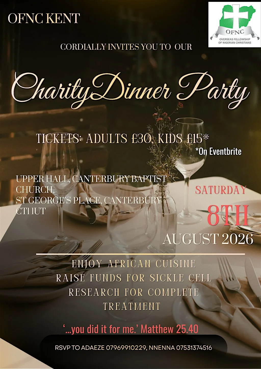 OFNC KENT CHARITY FUNDRAISING DINNER at Canterbury Baptist Church