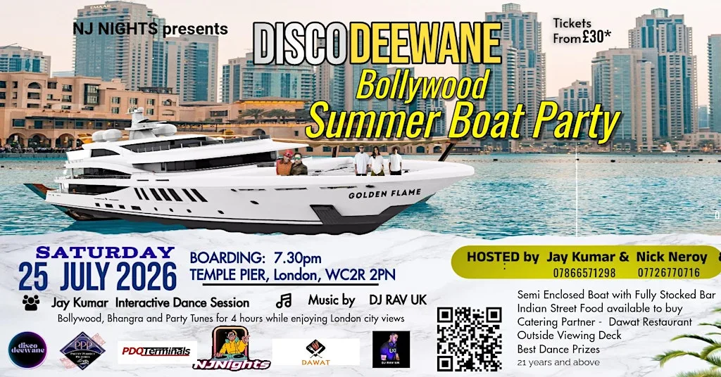 Disco Deewane Summer Bollywood Boat Party -Saturday 25th July 2026 7.30pm at Temple Pier