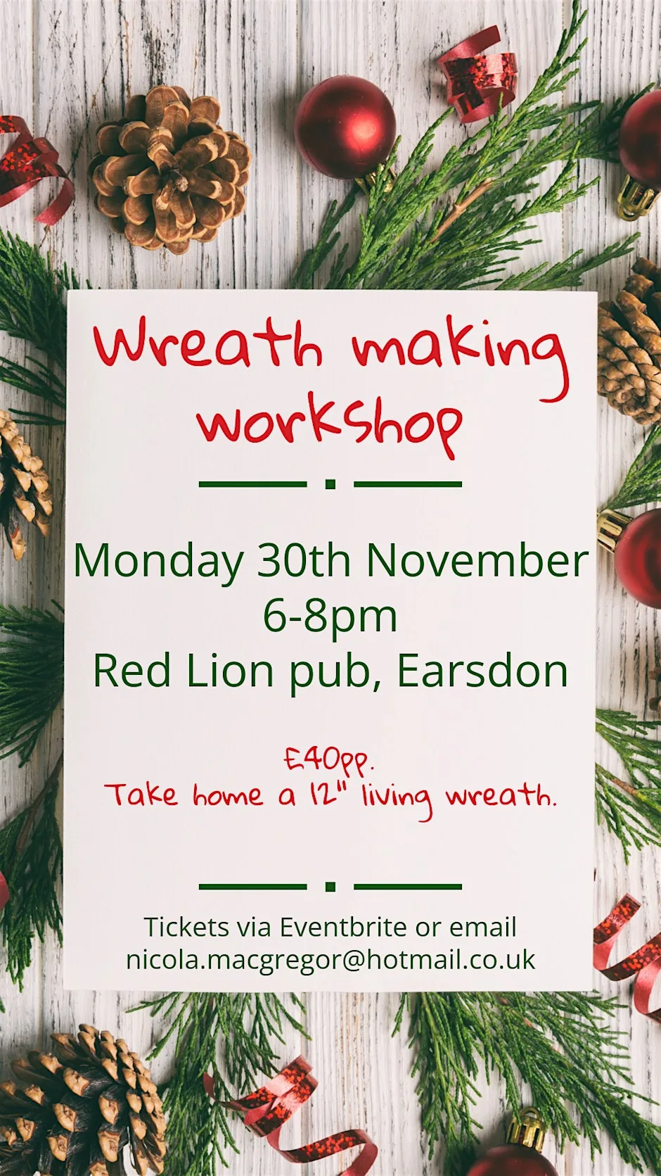 Christmas wreath making workshop at The Red Lion