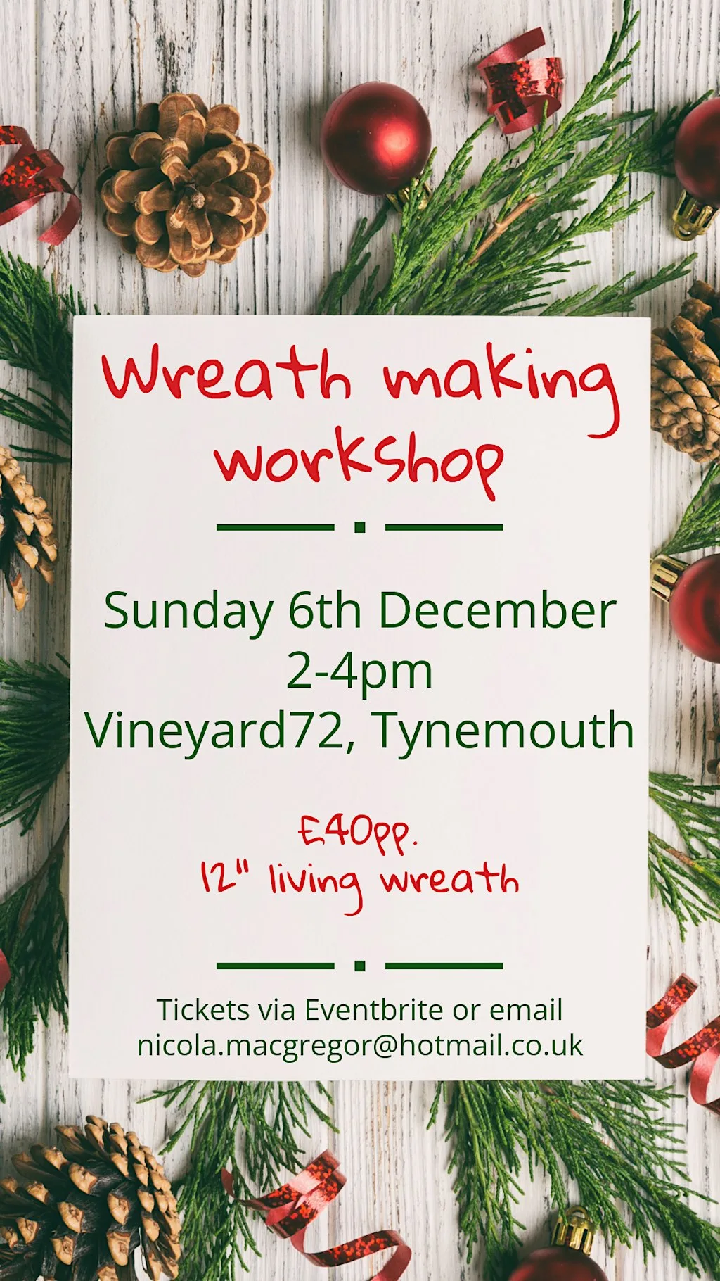 Christmas wreath making workshop at Vineyard 72