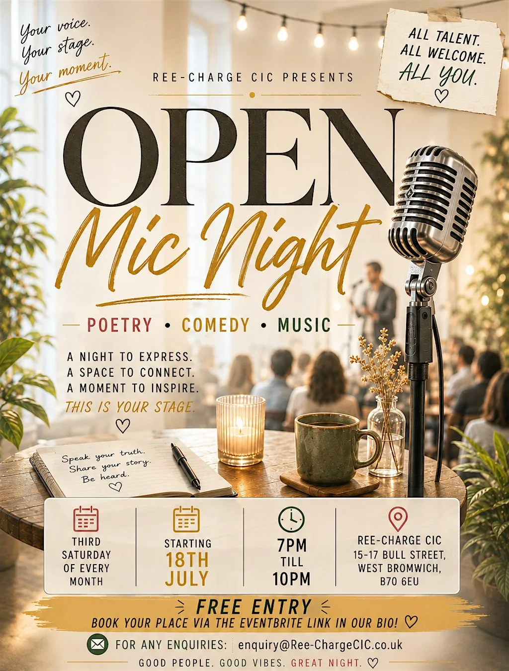 Open Mic Night – Poetry, Comedy & Music (Third Saturday of Every Month)