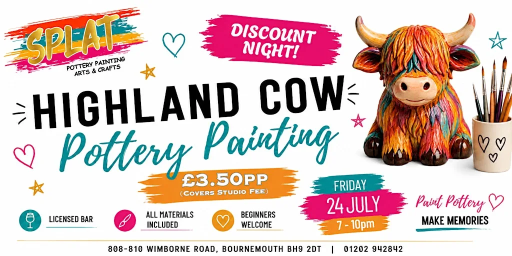 Highland Cow Pottery Painting Discount Night at Splat Pottery Painting Arts & Crafts