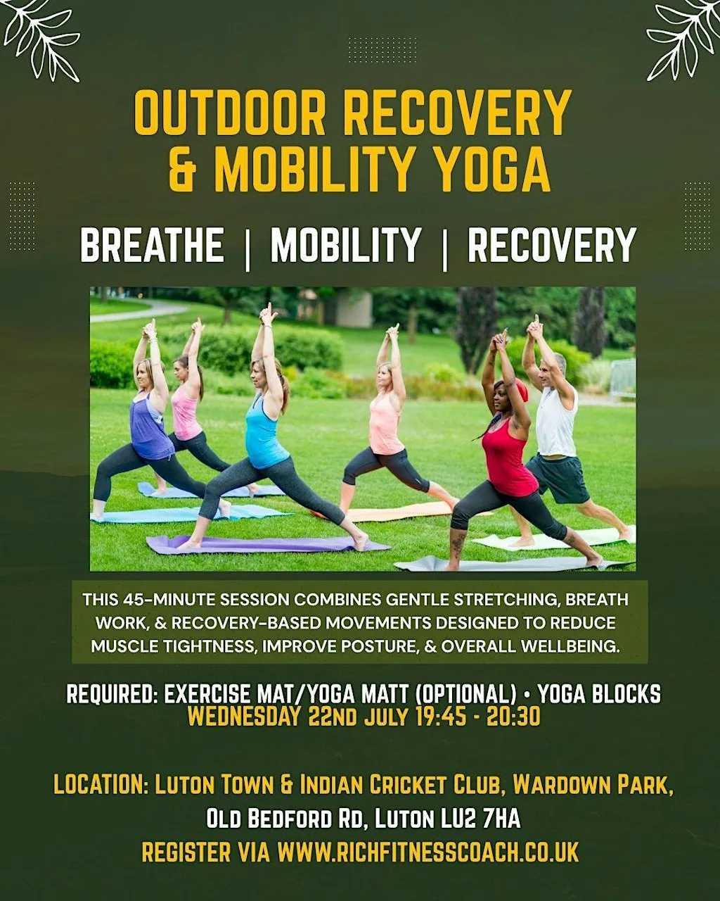 Outdoor Park Yoga - Wardown Park, Luton. at Luton Town and Indians Cricket Club