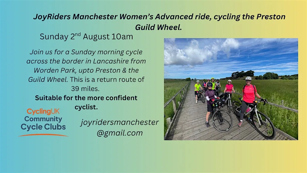 Joyriders Manchester Women's Advanced ride cycling the Preston Guild Wheel at Worden Park