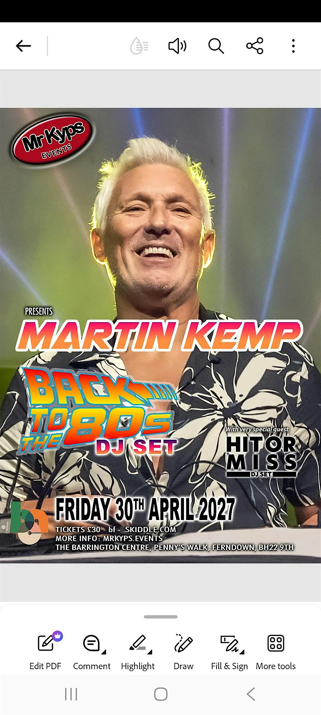 Martin Kemp 80s DJ Set at The Barrington Arts & Community Centre