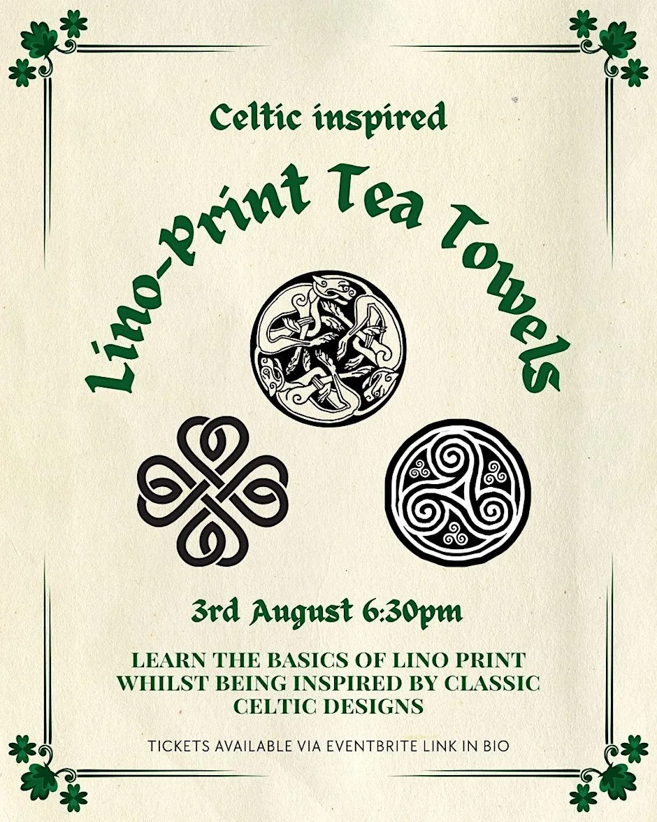 Irish Celtic Lino Printed Tea Towels at Kitsch Sisters Studio