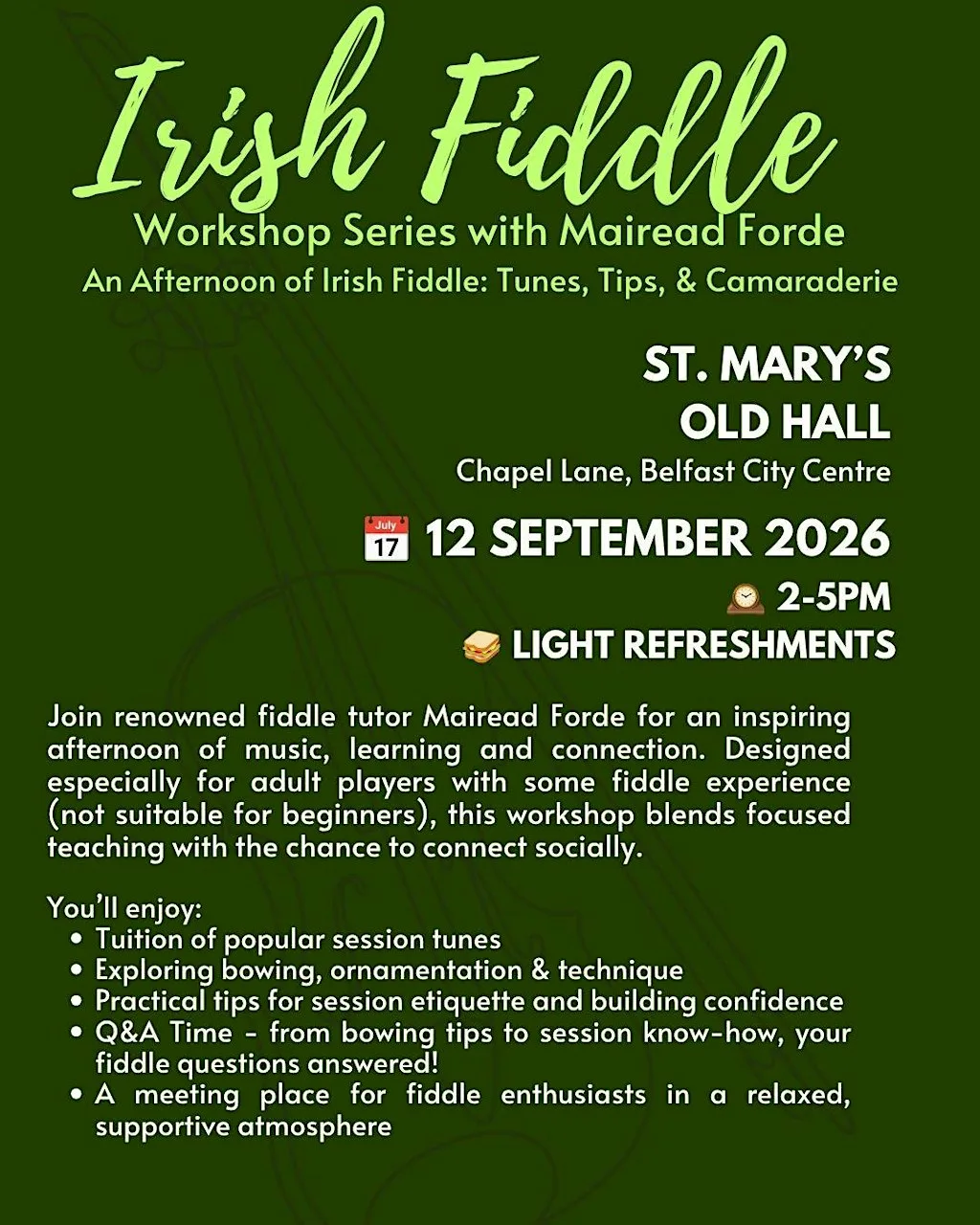 Irish Fiddle Workshop for Adults w/Mairead Forde: Technique, Tunes & Tips at St Mary's Church