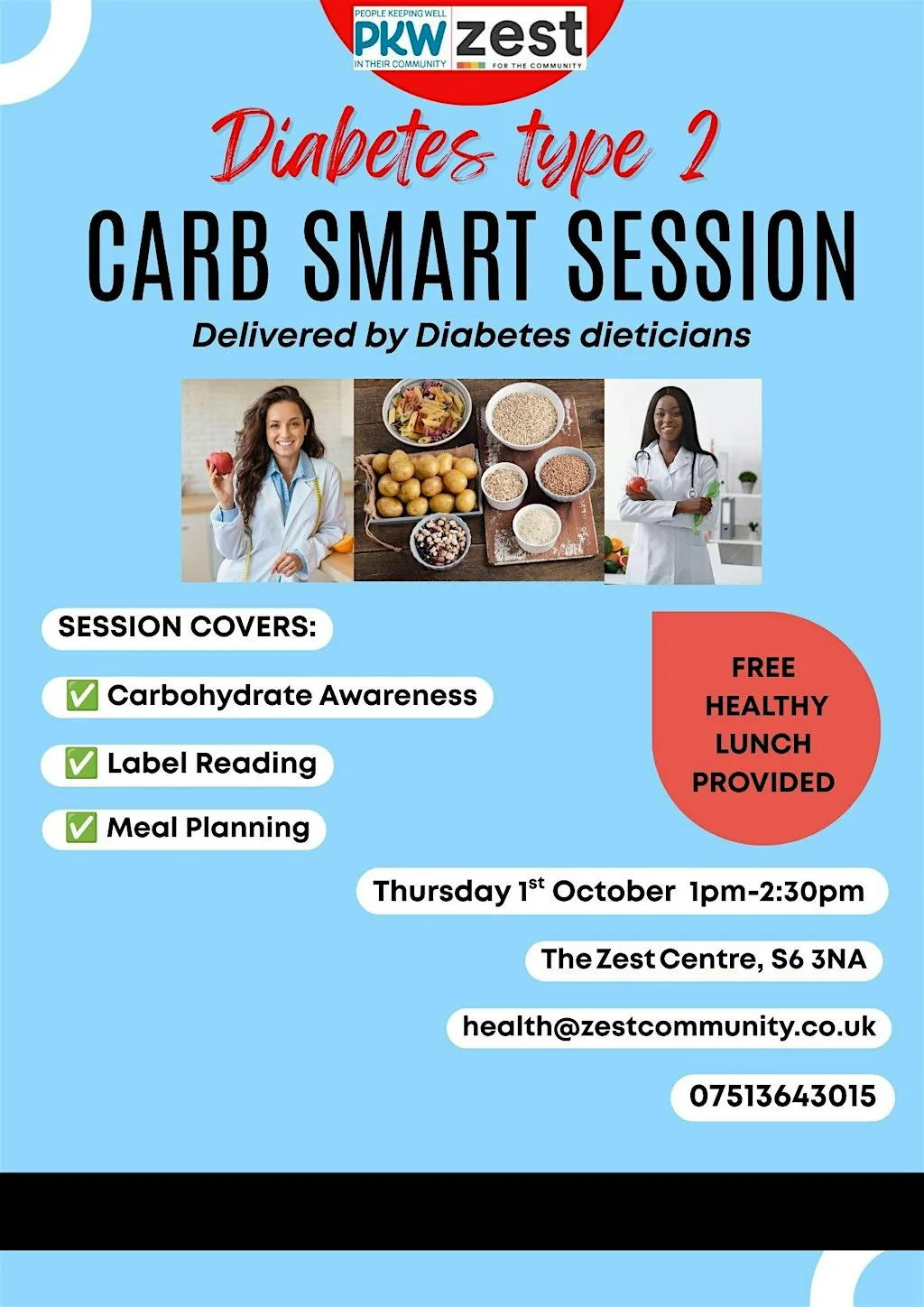 CARB SMART SESSION type 2 diabetes, Delivered by Diabetes dieticians at Zest Centre