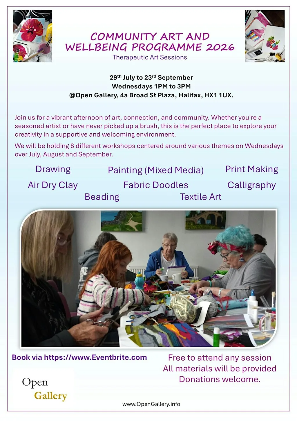 COMMUNITY ART AND WELLBEING PROGRAMME 2026 Therapeutic Art Sessions at Open Gallery CIC