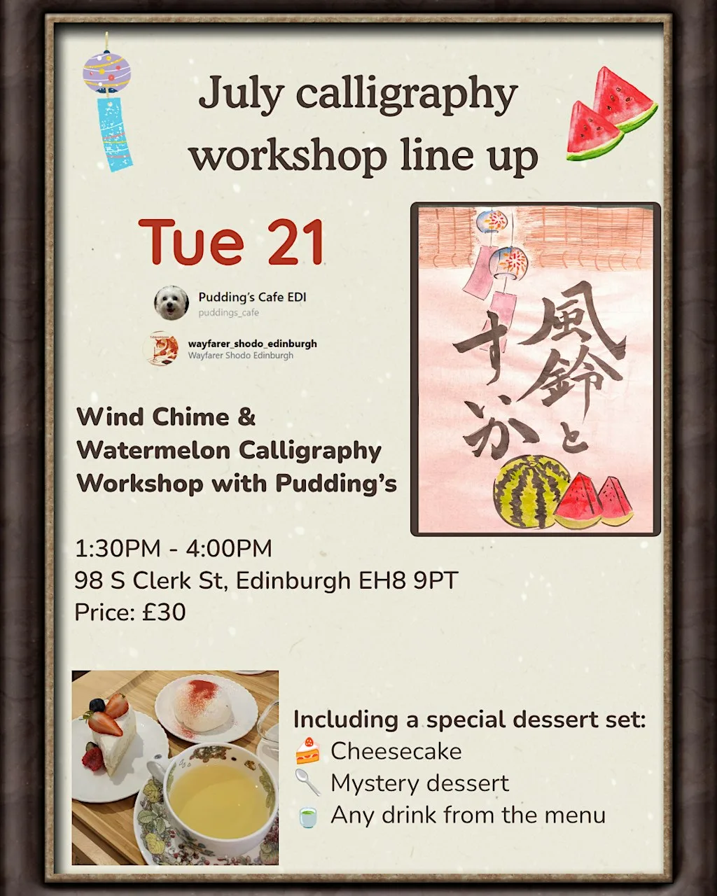Japanese Calligraphy Workshop – Wind Chimes & Watermelon with Pudding's at 98 S Clerk St