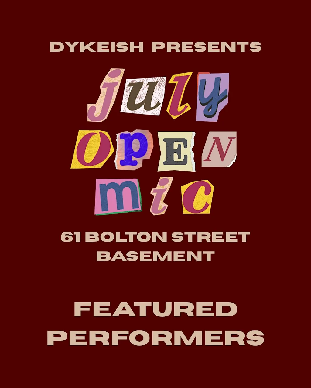 DYKEish July Queer Open Mic at 61 Bolton St