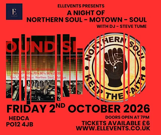 NORTHERN SOUL-MOTOWN-SOUL DISCO NIGHT WITH DJ STEVE TUME on 02/10/26 at HEDCA