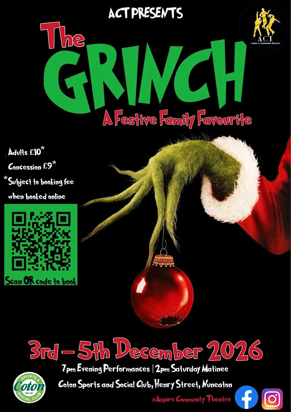 The Grinch - A Festive Family Favourite - Saturday 5th December MATINEE at Coton Sports & Social Club "The Lib"
