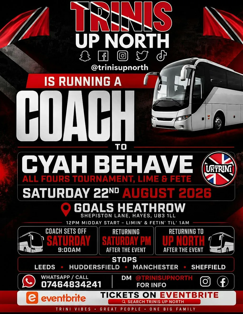 Trinis Up North Coach Trip To London (Return Ticket Incl. Event Entry) at Goals Heathrow