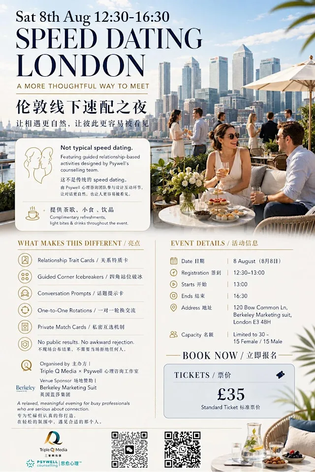 08/08 London Speed Dating For Chinese and All (Ages 25-40) Mile End