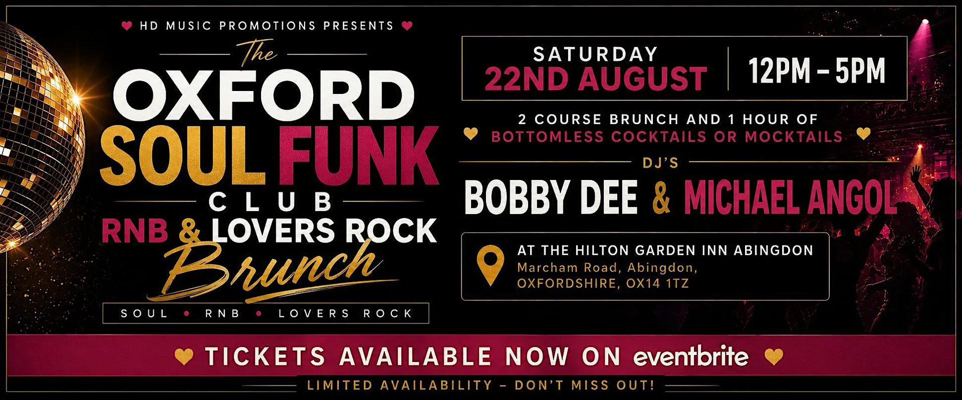HD Music Presents The Oxford Soul Funk Club RnB & Lovers Rock Brunch at Hilton Garden Inn Abingdon Oxford