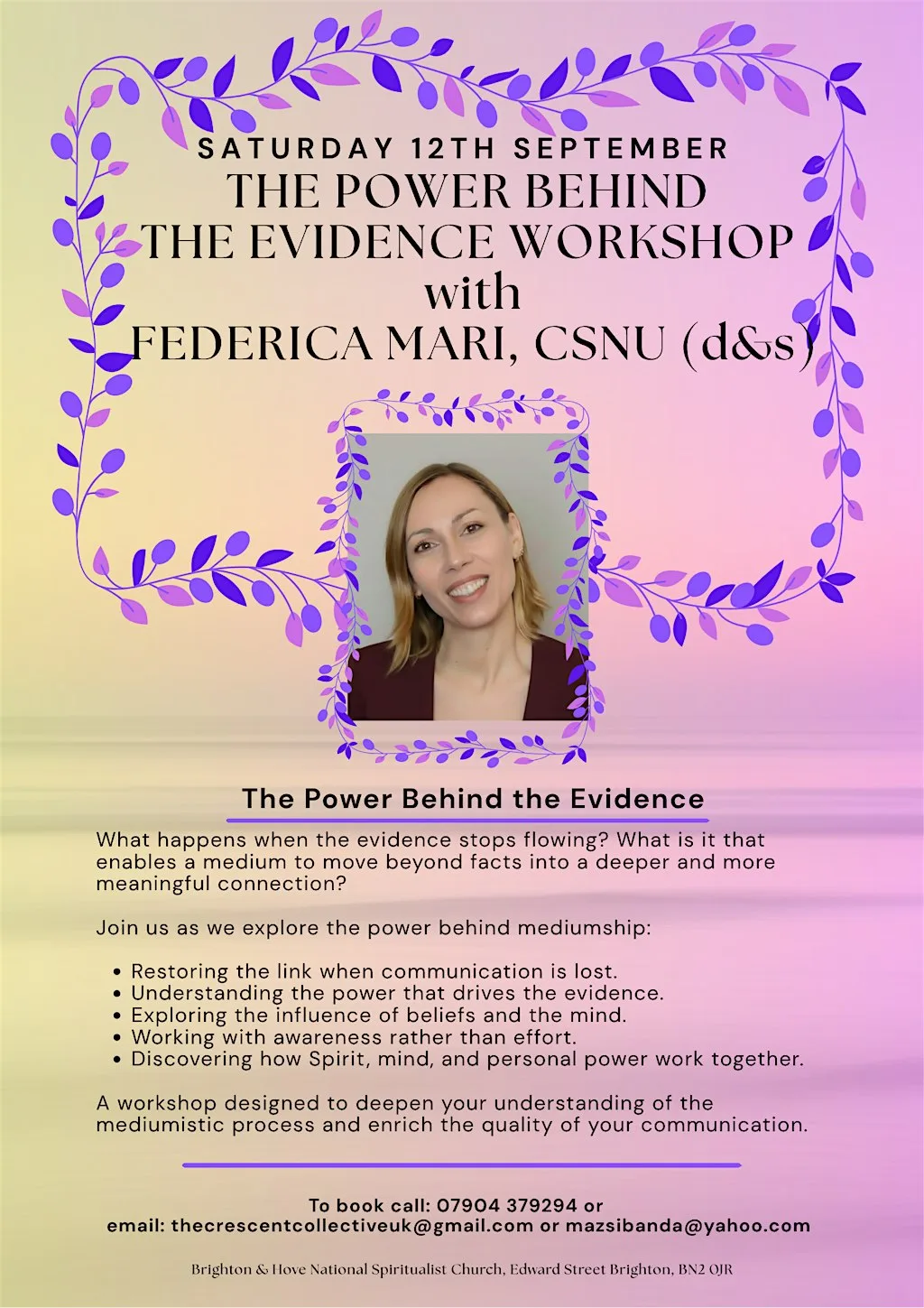 Th Power Behind the Evidence Workshop with Federica Mari CSNU (d&c) at Brighton National Spiritualist Church