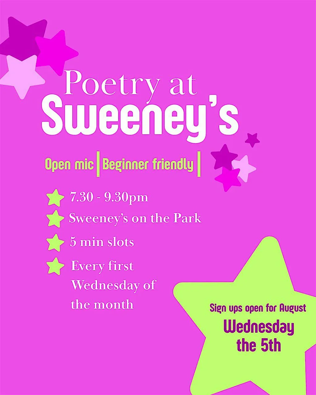 Poetry at Sweeneys at Sweeney's on the Park