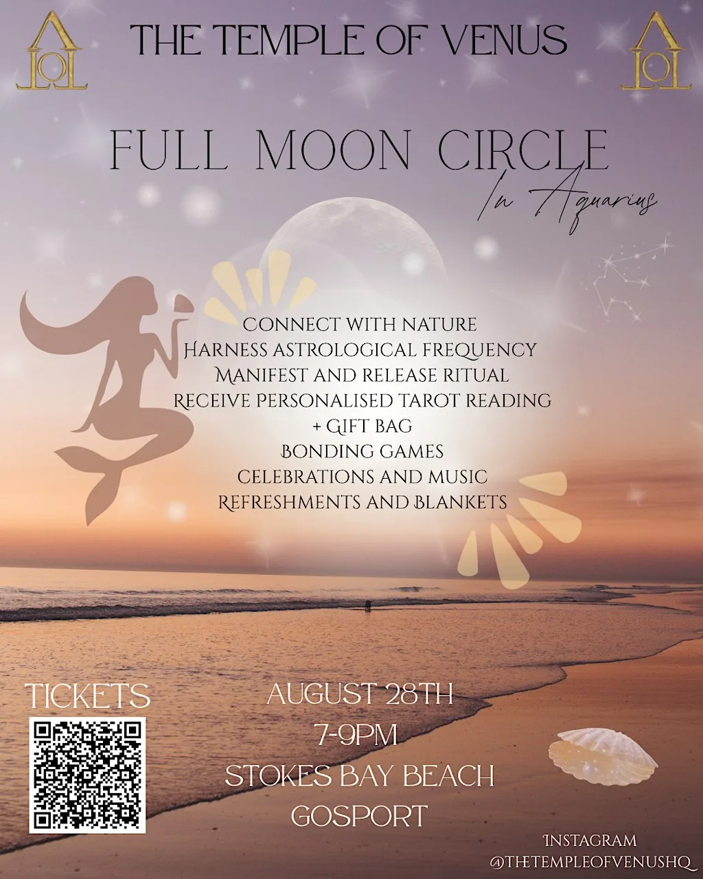The Temple of Venus Full Moon Circle ~ In Aquarius at STOKES BAY BEACH - VIA Lifeboat Lane
