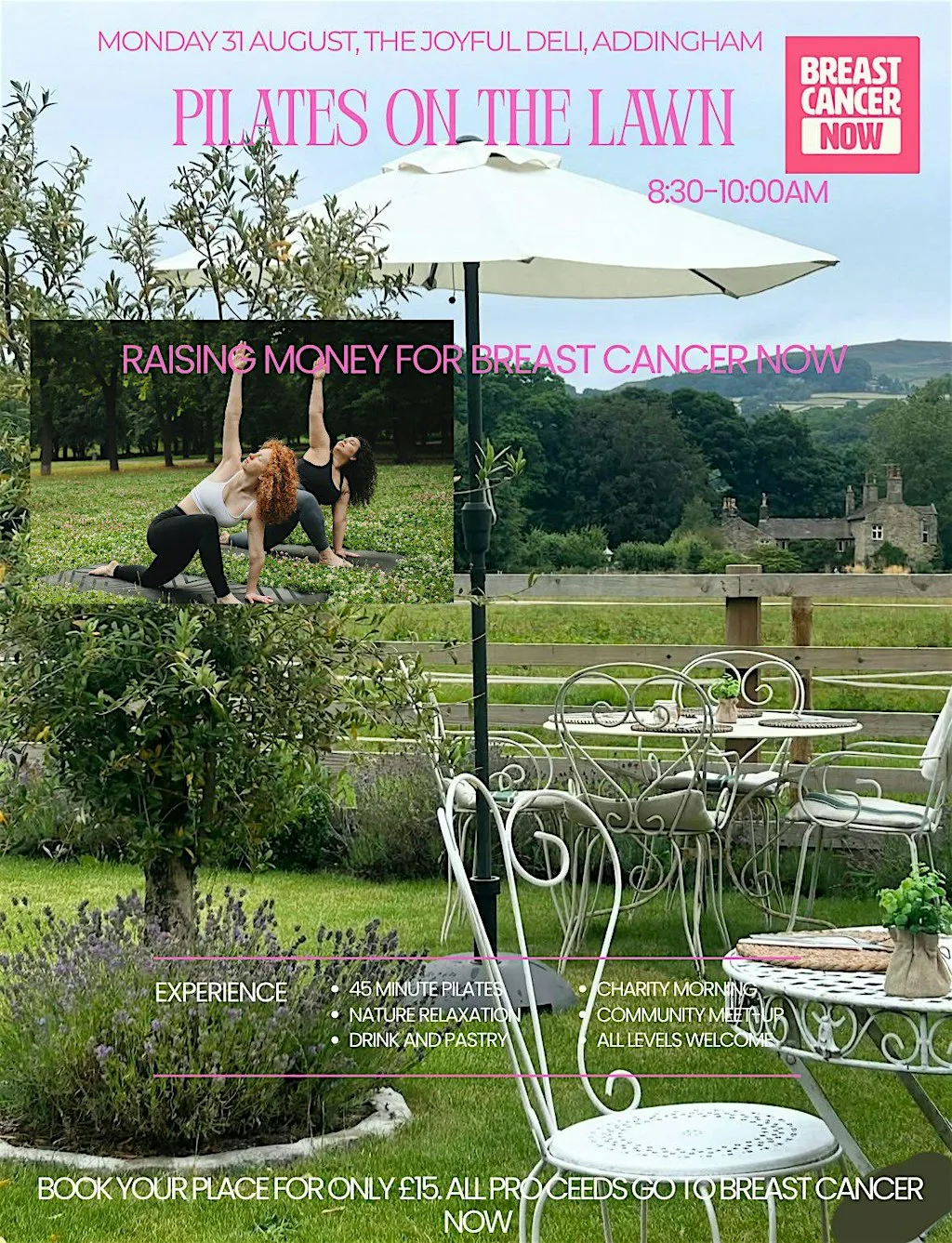 Pilates on the lawn raising funds for Breast Cancer Now at The Joyful Deli