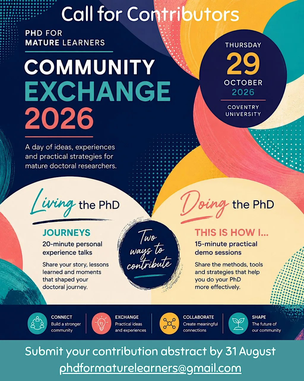 Call for Contributors PhD for Mature Learners Community Exchange 2026 at Coventry University