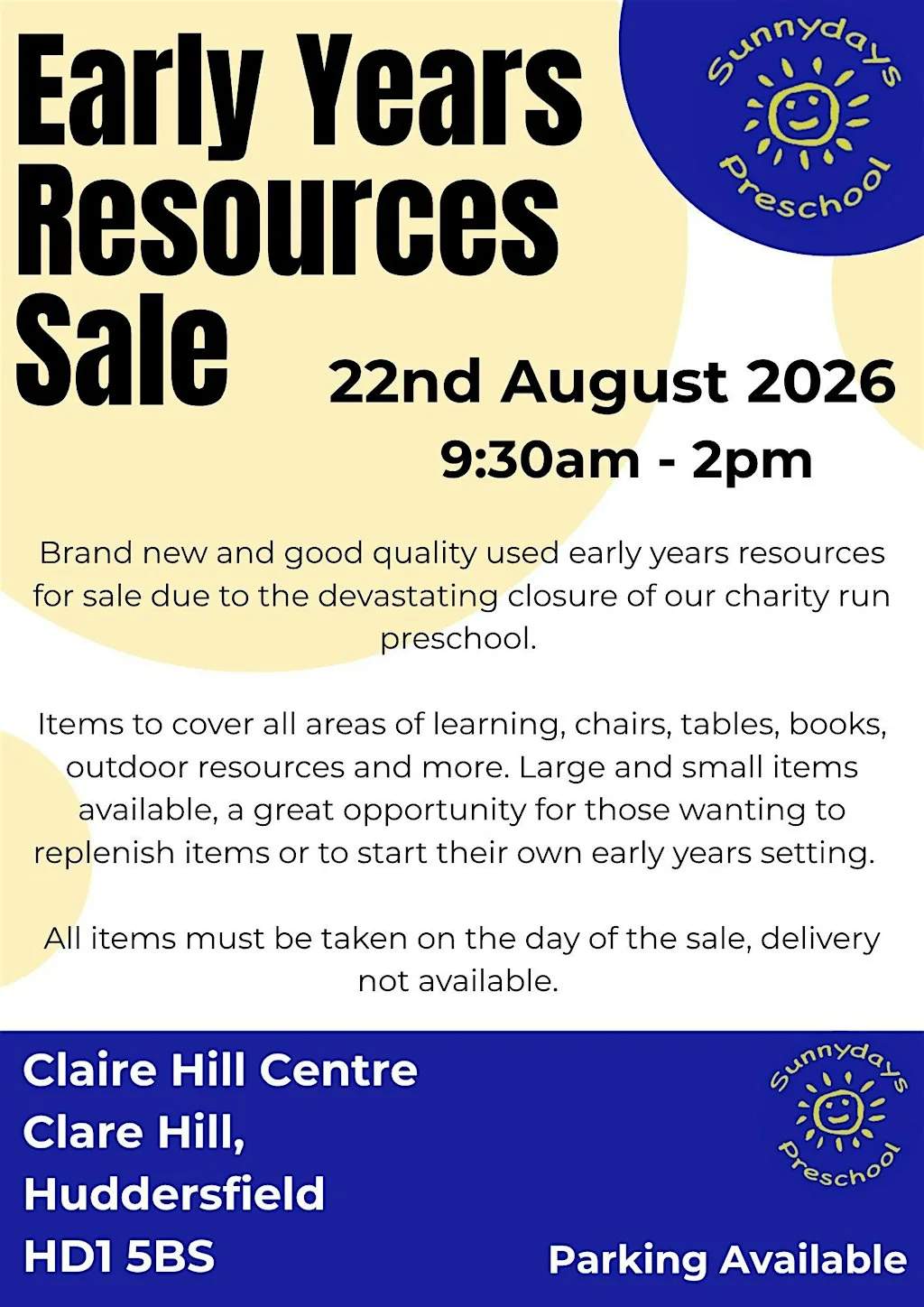 Sunnydays Preschool Early Years Resources Sale at Clare Hill Centre