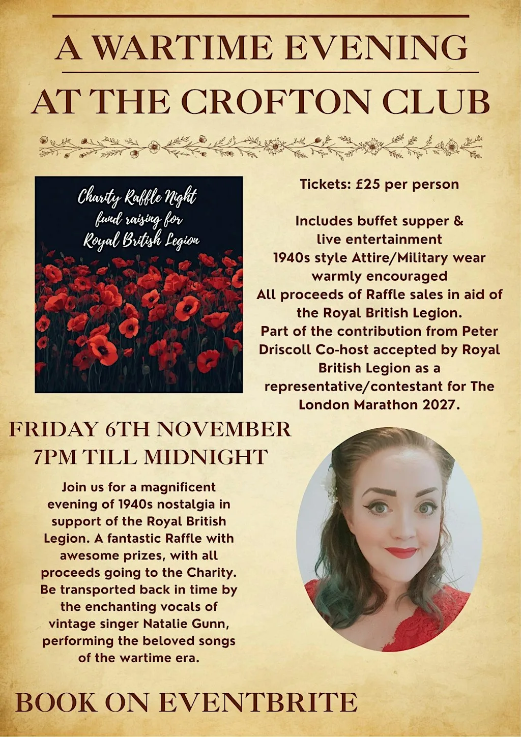 A Wartime Evening with live entertainment and a fund raising raffle for RBL at The Crofton Club