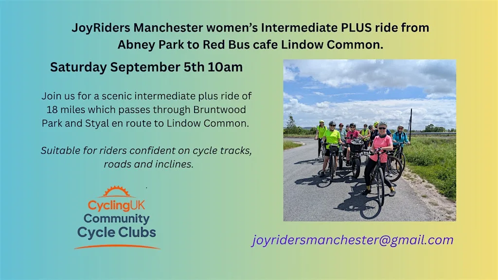 JoyRiders Manchester intermediate PLUS Abney Park to Red Bus cafe Lindow at Abney Park Car park (Entrance off Manchester Road, opposite Mill Lane Cemetery Entrance)