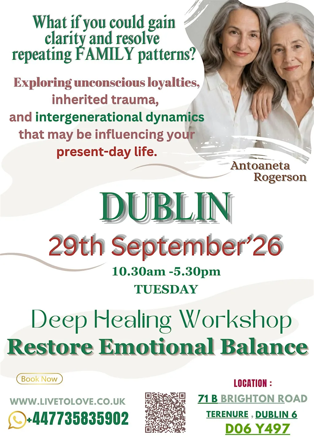 Release Inherited Patterns ~Workshop In-Person ; Ireland , DUBLIN at Rathgar Methodist Church