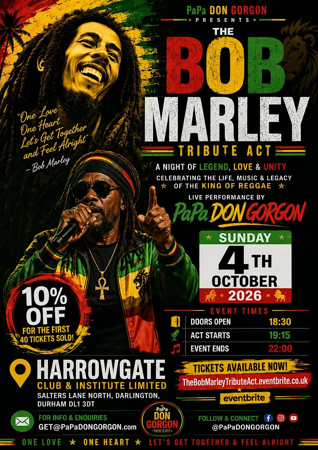 The Bob Marley Tribute Act at Harrogate Club at Harrowgate Club & Institute Ltd