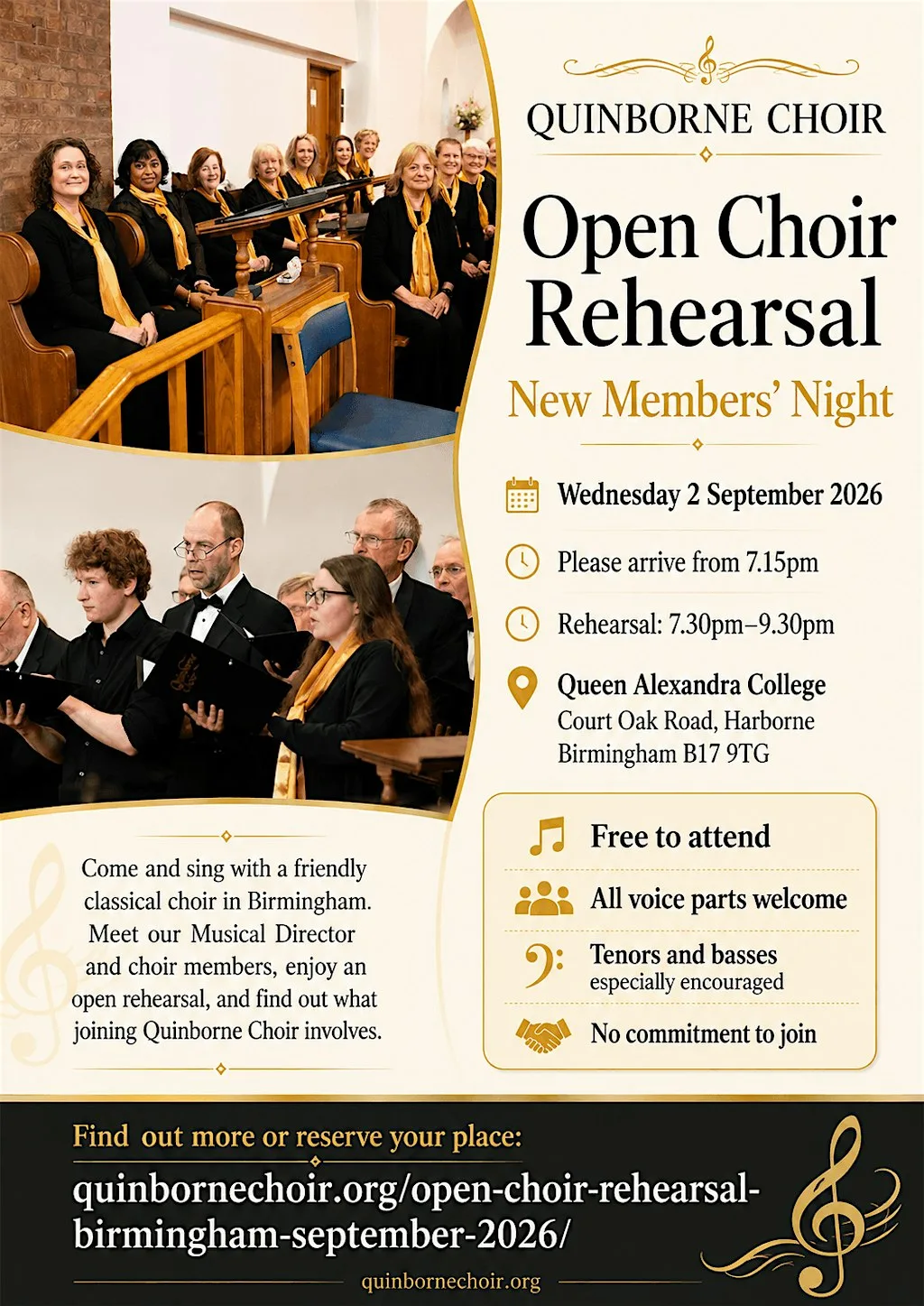 Open Choir Rehearsal Birmingham – New Members’ Night | Quinborne Choir at Queen Alexandra College