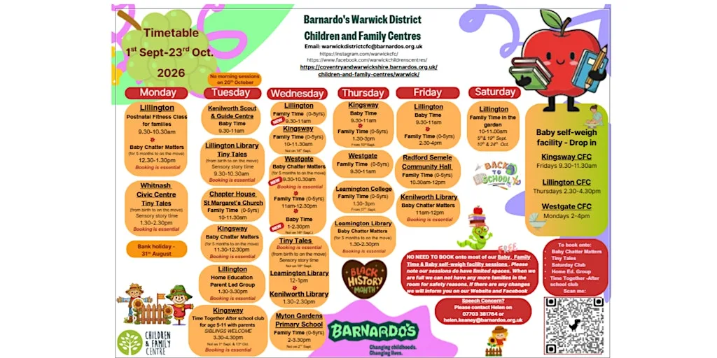 1st September - 24th October - Timetable - NO NEED TO BOOK at Lillington Children & Family Centre