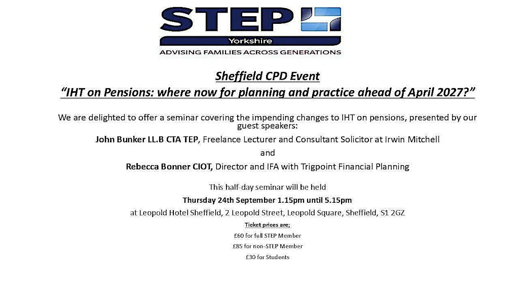 IHT on Pensions: where now for planning and practice ahead of April 2027? at Leopold Hotel Sheffield