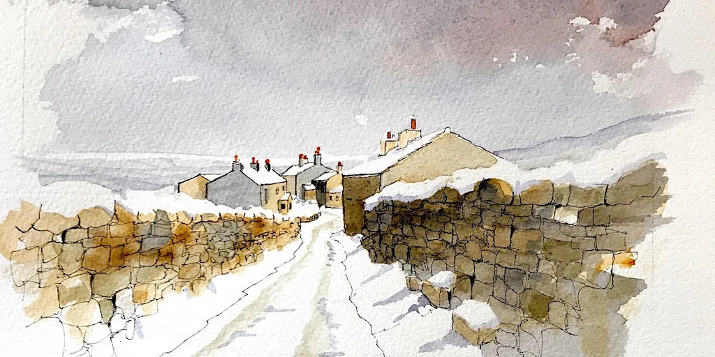 Winter scene in pen and wash with artist, John Harrison. at Byram Artroom & Gallery, Byram Arcade