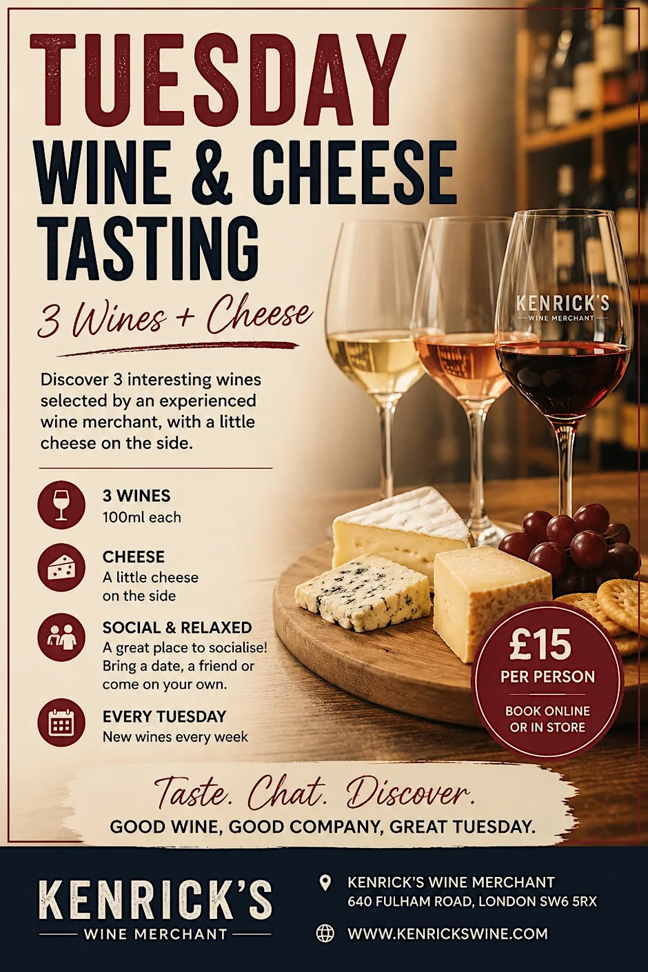 Tuesday Wine & Cheese Tasting at Kenrick's Wine Merchant