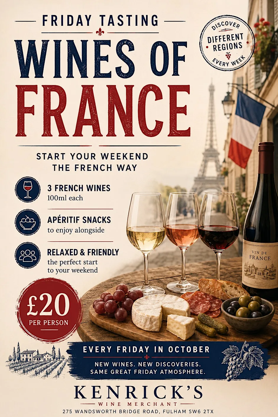 Friday Tasting Wines of France – 3 Wines & Apéritif Snacks at Kenrick's Wine Merchant