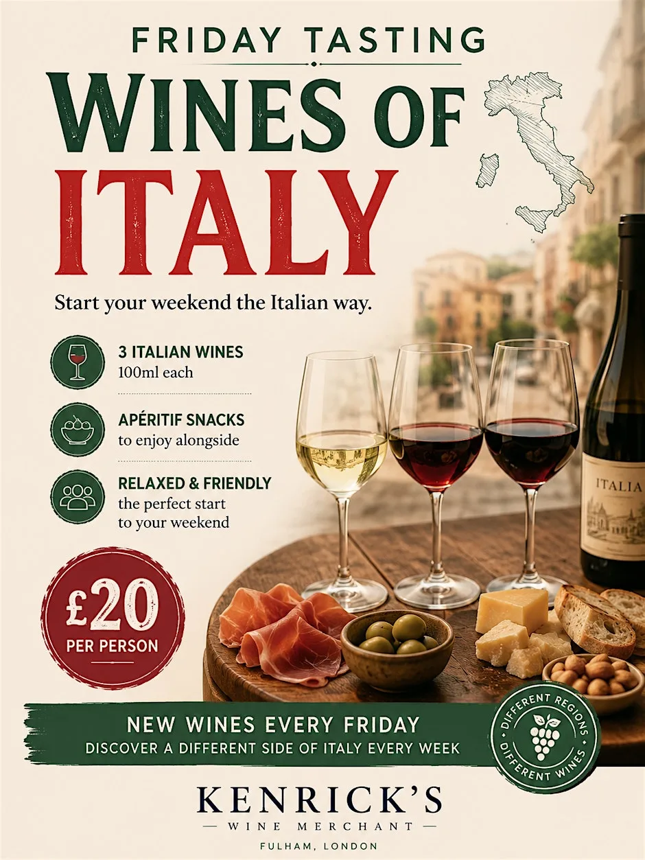 Friday Tasting Wines of Italy – 3 Wines & Apéritif Snacks · £20 at Kenrick's Wine Merchant