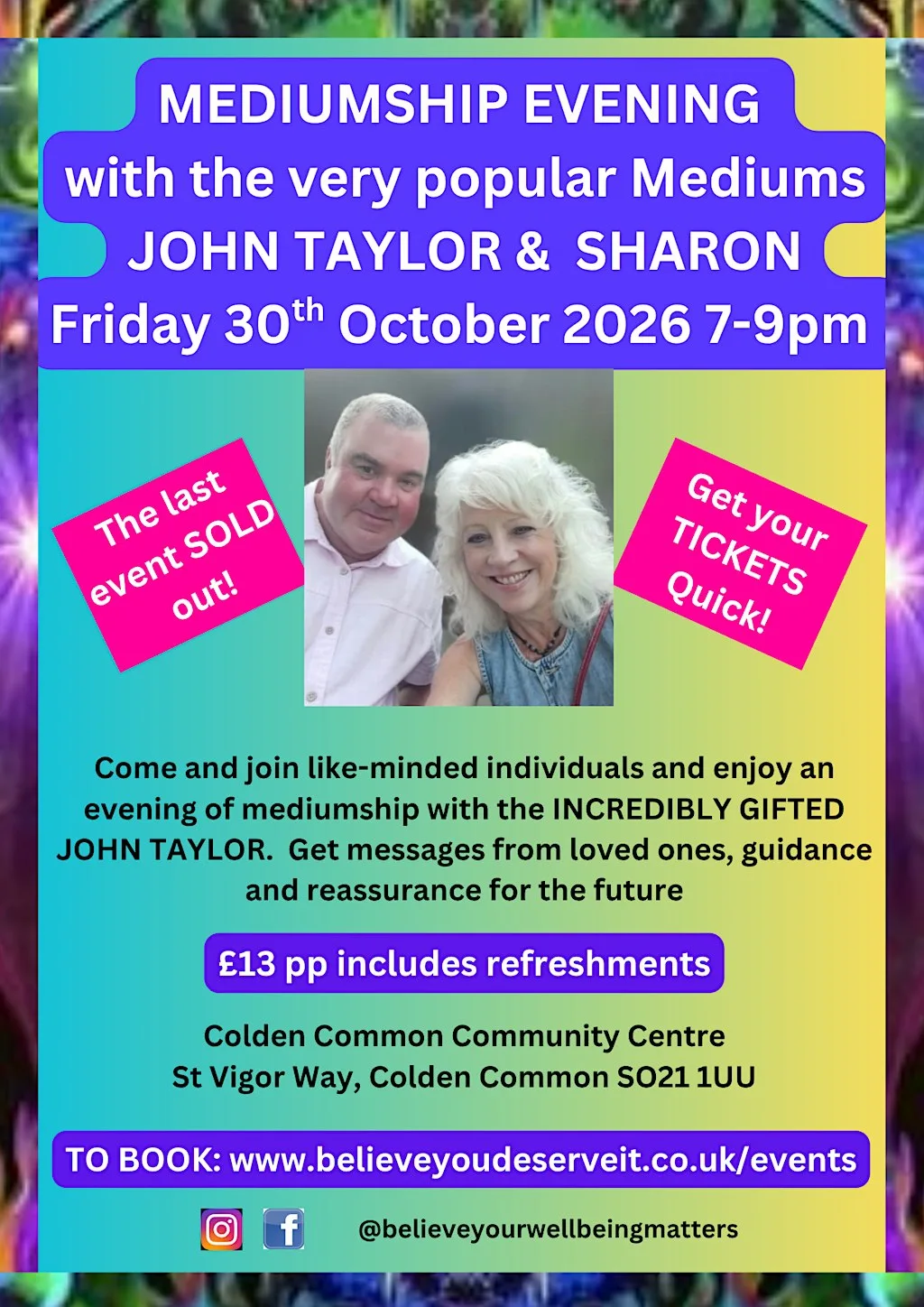 An evening of Mediumship with JOHN TAYLOR AND SHARON FENTON! at Colden Common Community Centre