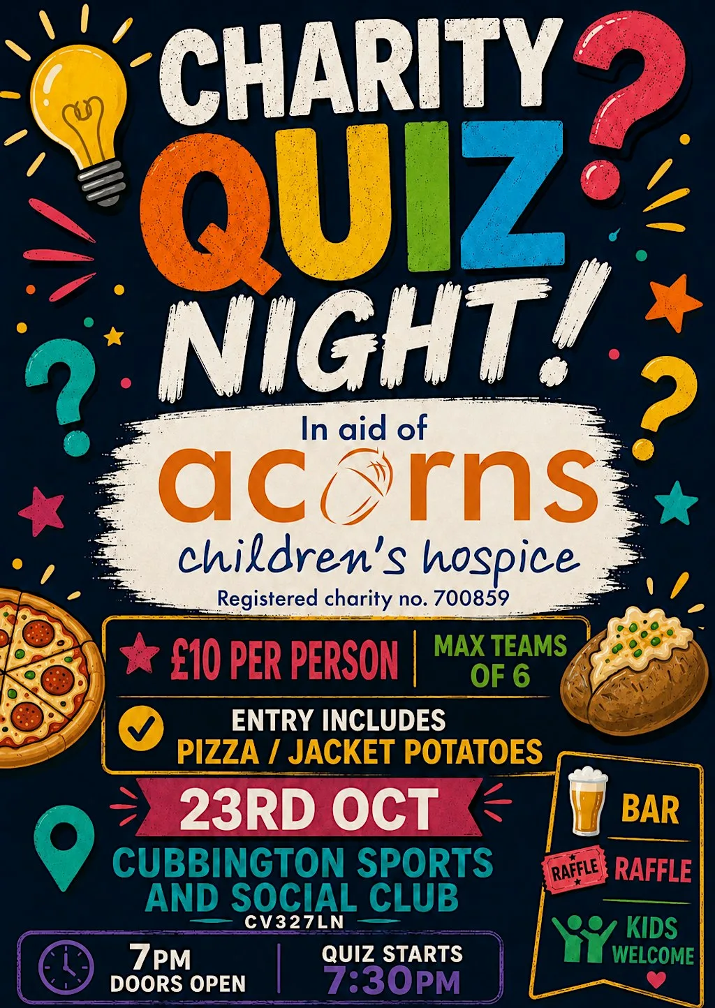 Acorns Charity quiz night at Cubbington Sports & Social Club