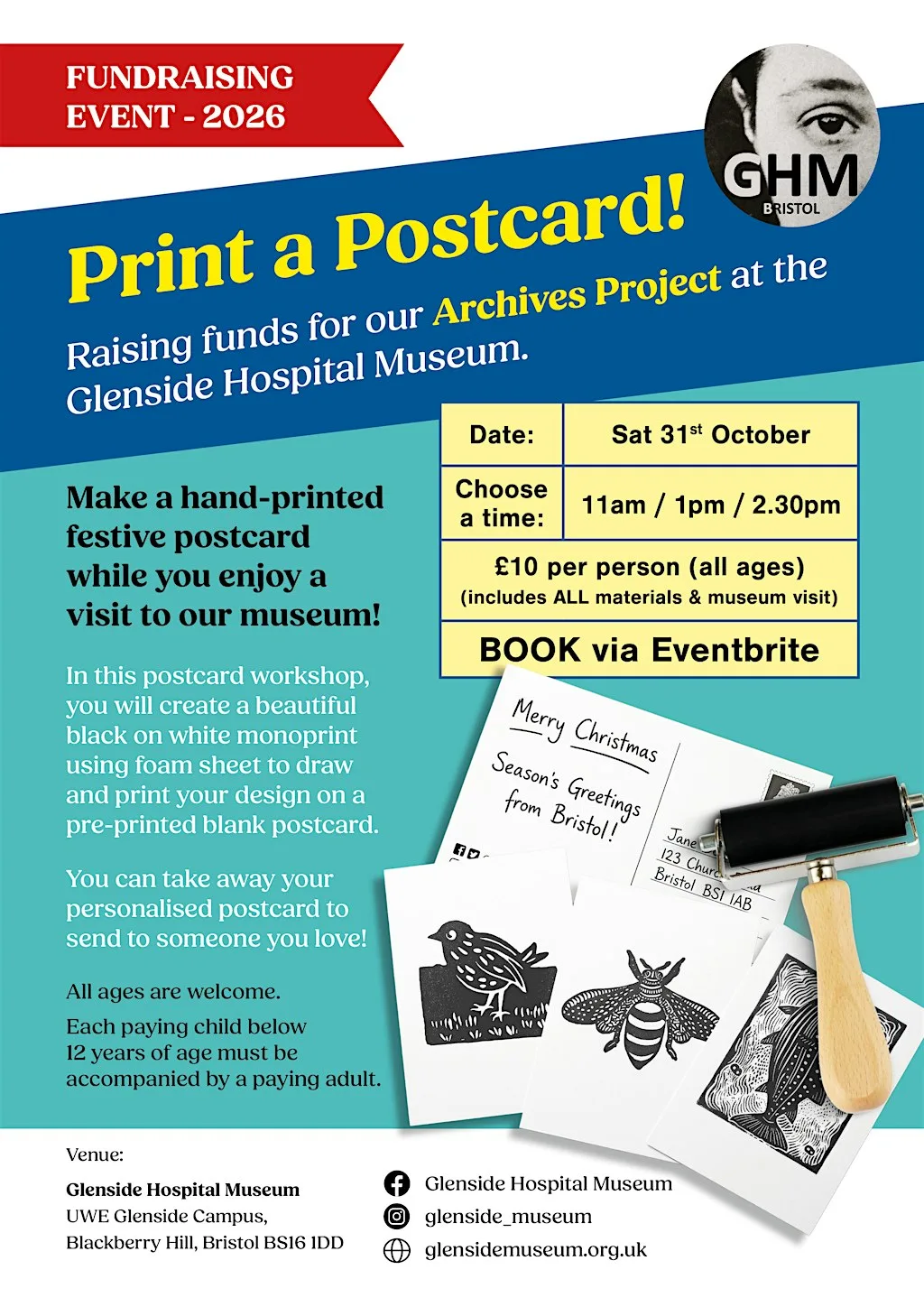 Fundraising event: hand-print a postcard with graphic designer Kavitha at Glenside Hospital Museum