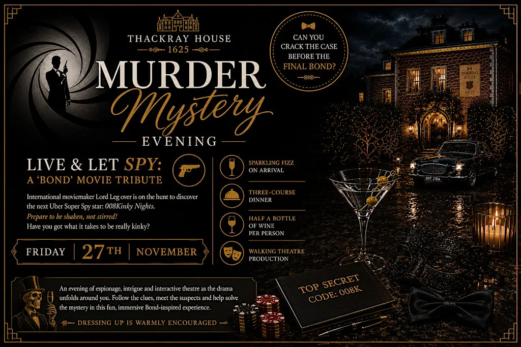 Walking Theatre & Dinner 'Live & Let Spy' a Bond Movie Tribute at Thackray House, Historic Luxury Hotel in Scotland