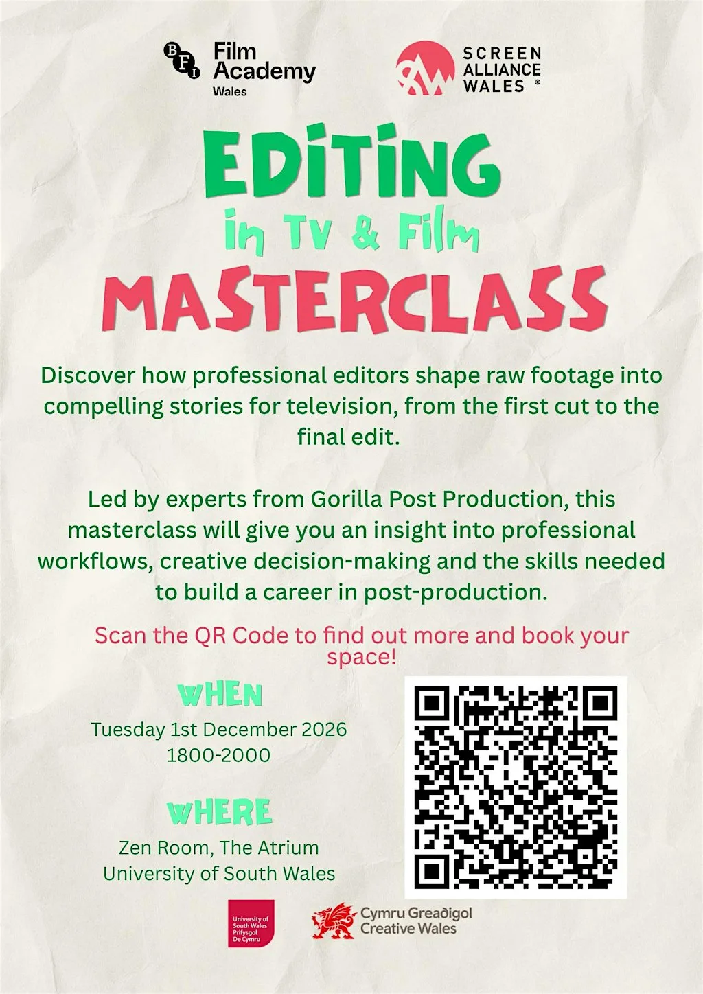 Editing in TV & Film Masterclass at University of South Wales, Cardiff Campus